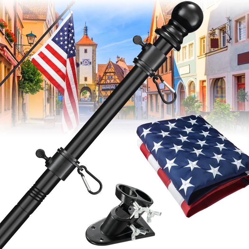American Flag Flag Pole Set with Embroidered Flag - Heavy-Duty Anti-Tangle