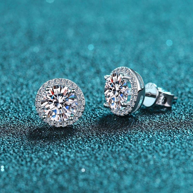 S925Sterling Silver Women's Moissanite:CZ Stone Four-Prong Bag Ear Studs